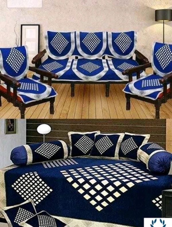 Kanha Décor presents Chenille attractive designer Diwan set which contain 1 bedsheet , 2 bolster with 5 cushion cover & 10 pcs set sofa cover -  Free Size, Navy Blue, Chenile, MUltipack :1